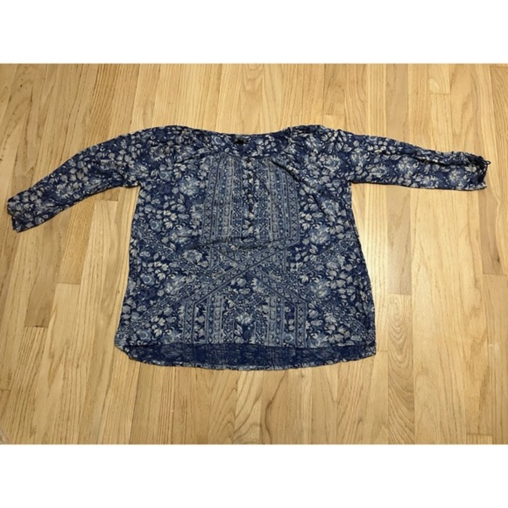 Lucky Brand Blue Floral Mixed Print Peasant Blouse‎ 3/4 Sleeve Button Top Large